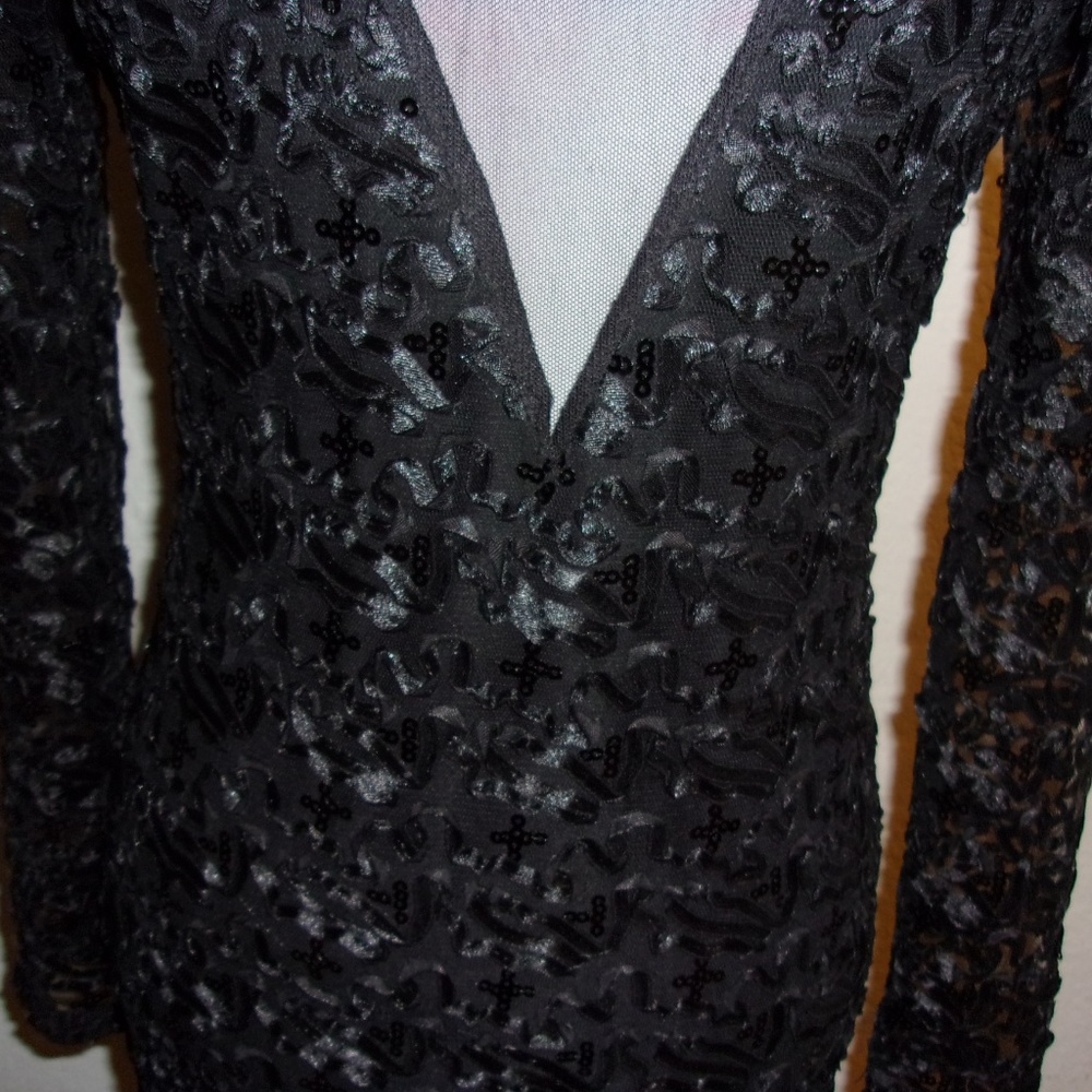BLACK LACE SEQUIN MINI SPANDEX LONG SLEEVE DRESS S - Picture 3 of 6